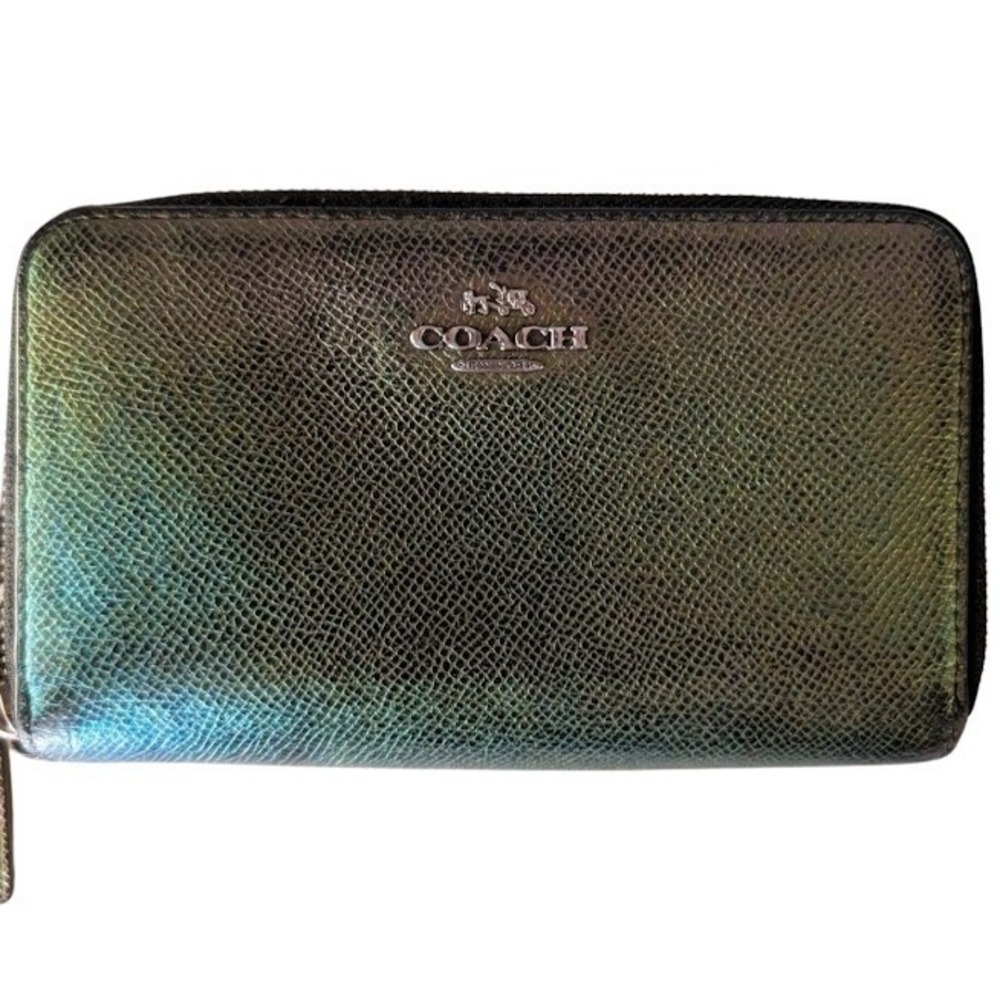 VTG Coach Iridescent Double Zip Wristlet Wallet Green Purple Crossgrain Leather - Picture 2 of 13